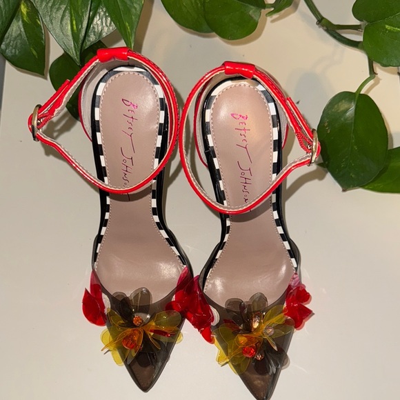 Betsey Johnson Red and Yellow High Heels with Bold Straps - Picture 2 of 6